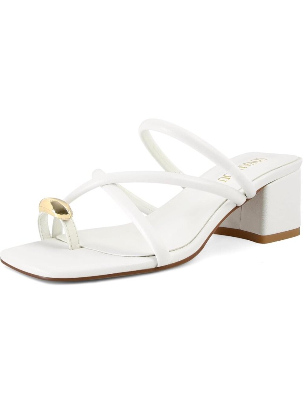 Women's White Faux Leather Opened Square Toe Strappy Toe Ring Sandals Heels